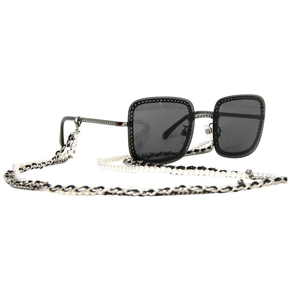 Chanel 2019 Dark Silver/Grey Lens w/ Detachable Chain rt. $975 For Sale at 1stDibs | chanel sunglasses 2019, dark silver grey, chanel sunglasses with chain