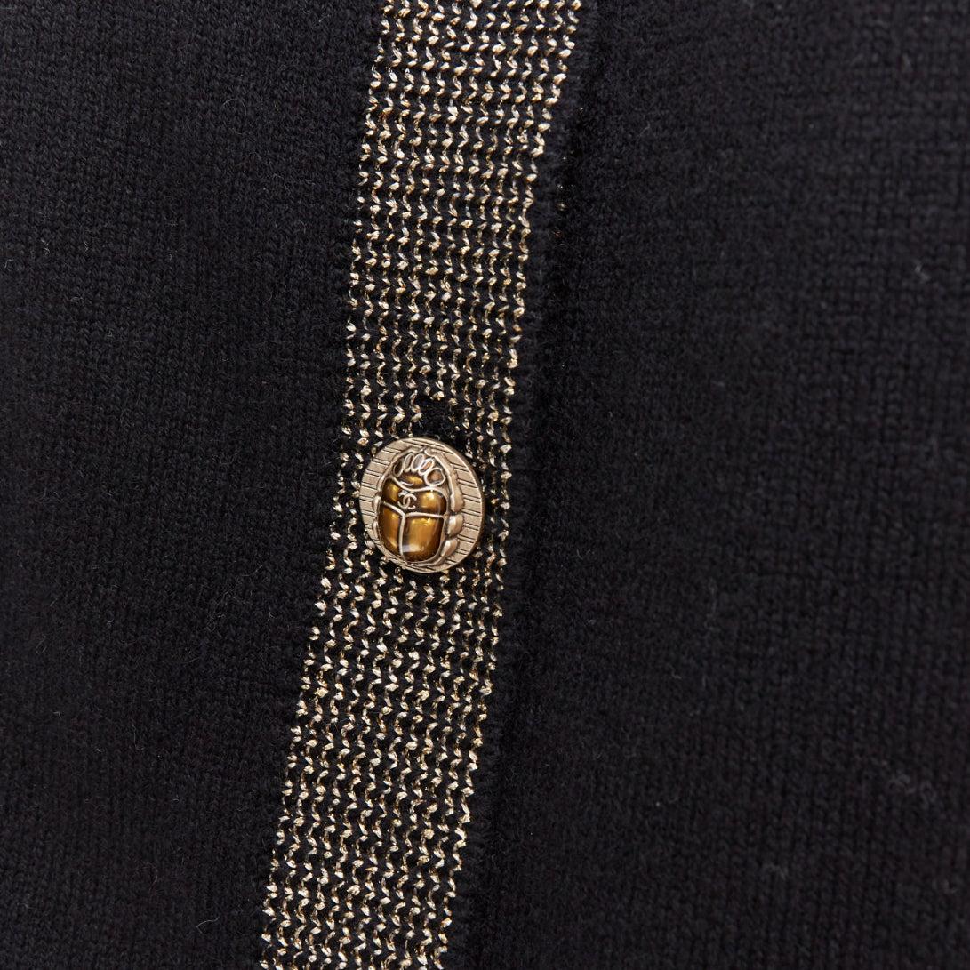 Black CHANEL 2019 Egypt black gold cashmere scarab button hieroglyphic cardigan FR40 L