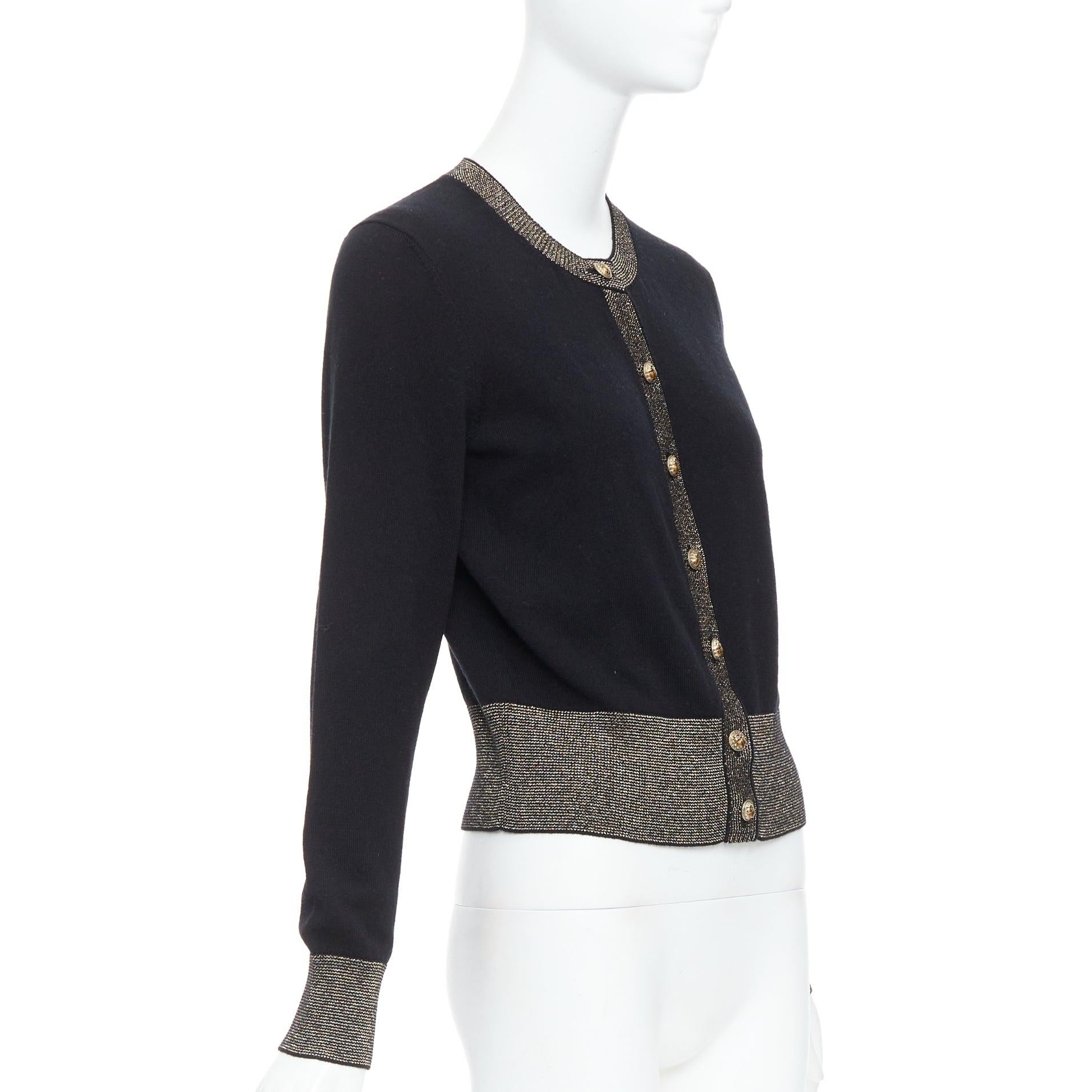 Women's CHANEL 2019 Egypt black gold cashmere scarab button hieroglyphic cardigan FR40 L