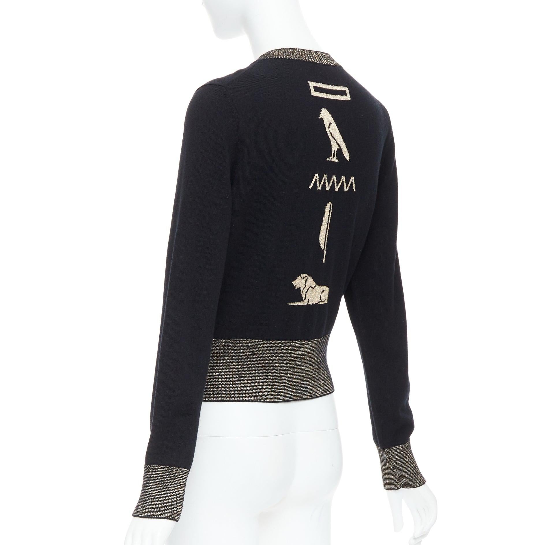 CHANEL 2019 Egypt black gold cashmere scarab button hieroglyphic cardigan FR40 L 2
