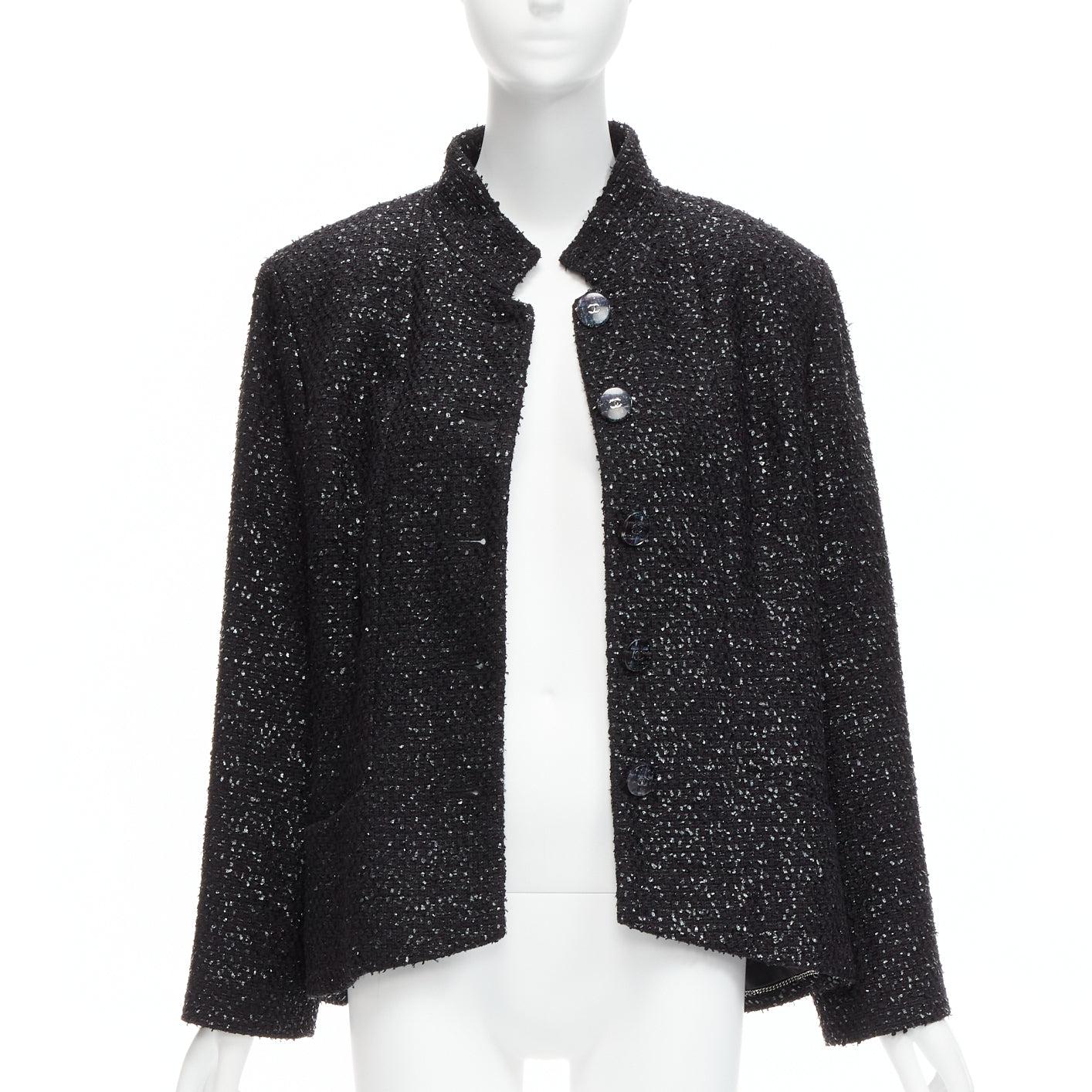 Black CHANEL 2019 Fantasy Tweed lurex CC logo button power shoulder jacket FR46 XXL For Sale