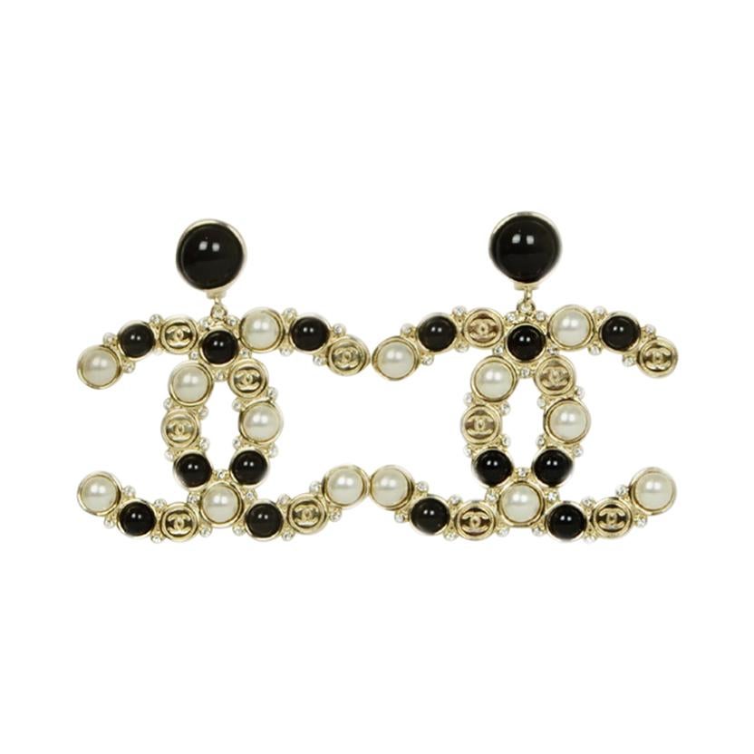 Chanel 2019 Faux Pearl/Black Goldtone CC Pierced Earrings w/ Strass ...