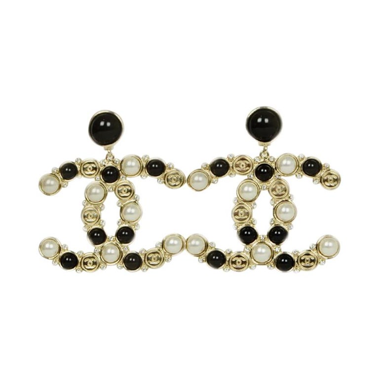 Chanel 2019 Faux Pearl/Black Goldtone CC Pierced Earrings w/ Strass  Crystals NWT For Sale at 1stDibs