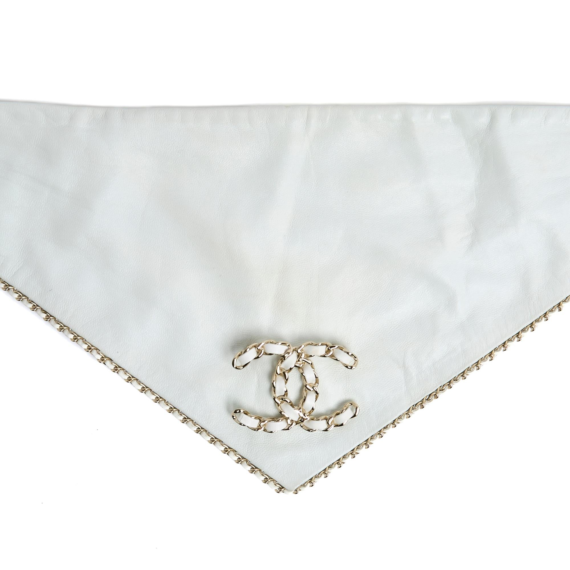 Gray Chanel 2019 Foulard CC Ecru Leather and Golden Chain Scarf Bandana Brooch