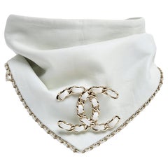 Chanel 2019 Foulard CC Ecru Leather and Golden Chain Scarf Bandana Brooch