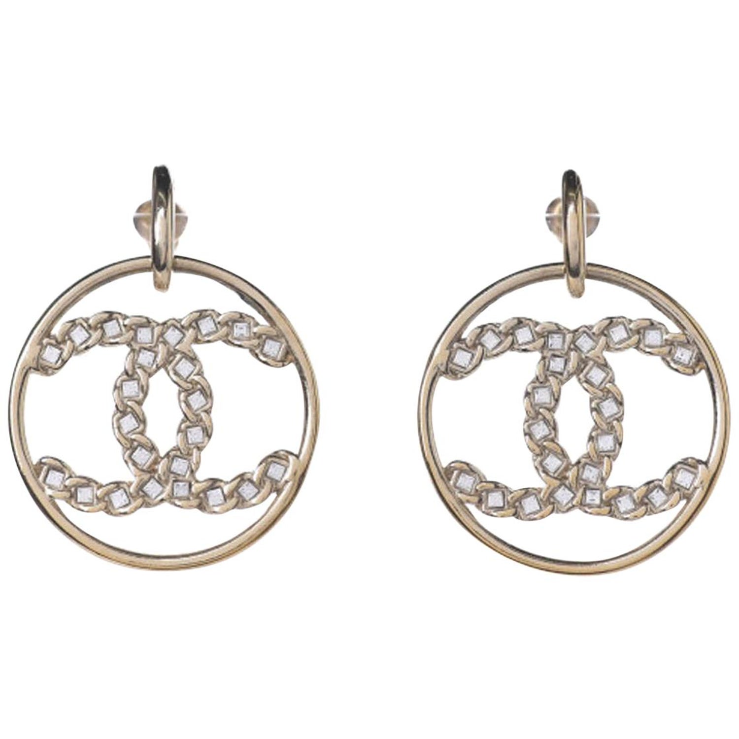 Chanel 2019 Goldtone Crystal High Society CC Hoop Drop Pierced Earrings at  1stDibs