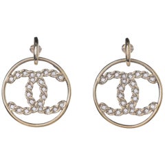 Chanel 2019 Goldtone Crystal High Society CC Hoop Drop Pierced Earrings