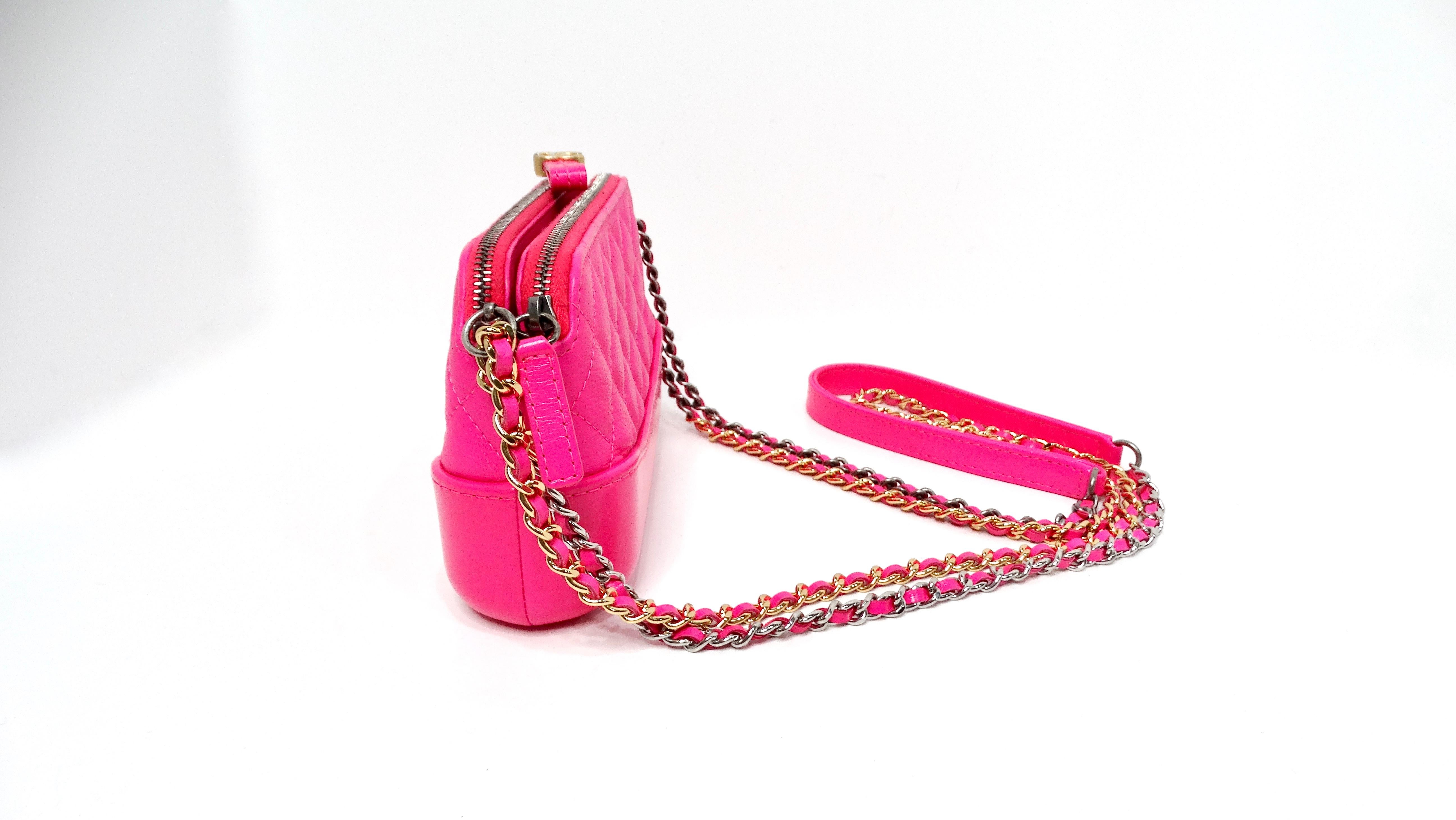 Chanel 2019 Hot Pink Gabrielle Double Zip Clutch With Chain For Sale 1