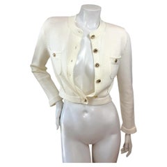 Chanel 2019 Ivory Cropped Knit Cardigan Jacket with Gold Logo Buttons FR 34