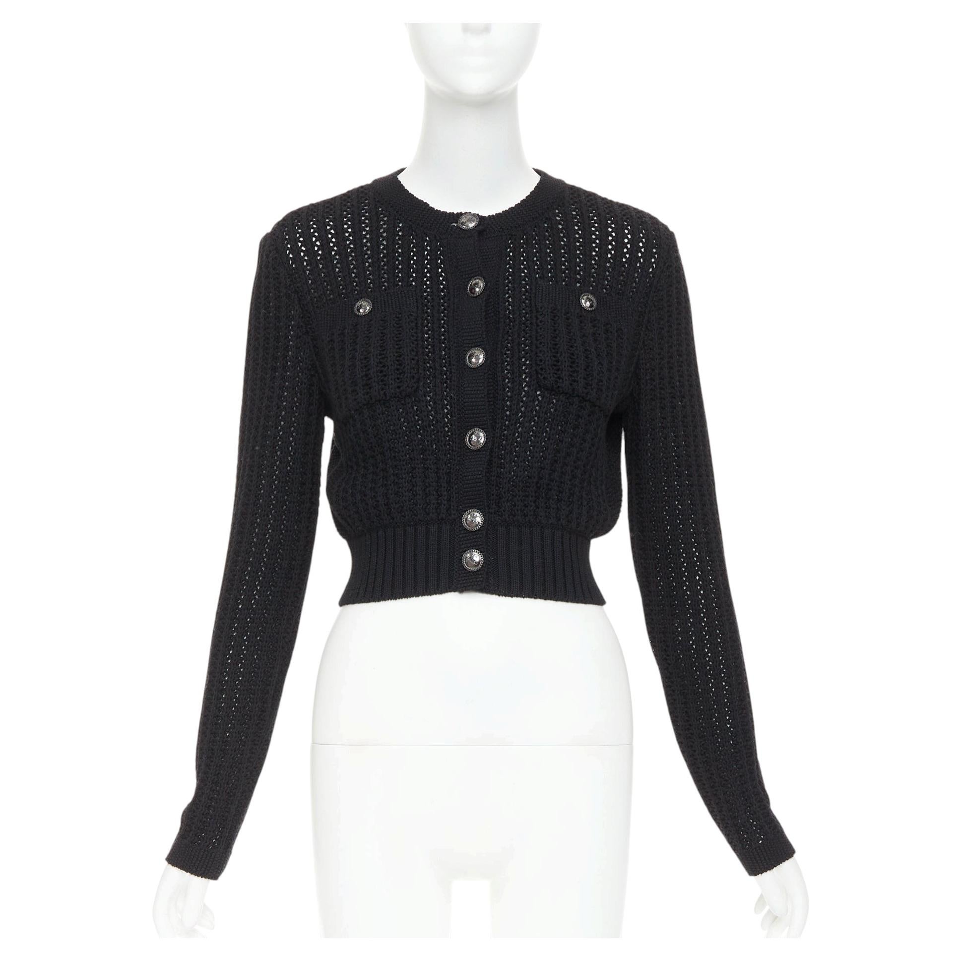Chanel 2019 La Pausa – Kurze Strickjacke aus Baumwoll-Leinen mit CC-Knöpfen, offenes Strickmuster, Größe FR36 S