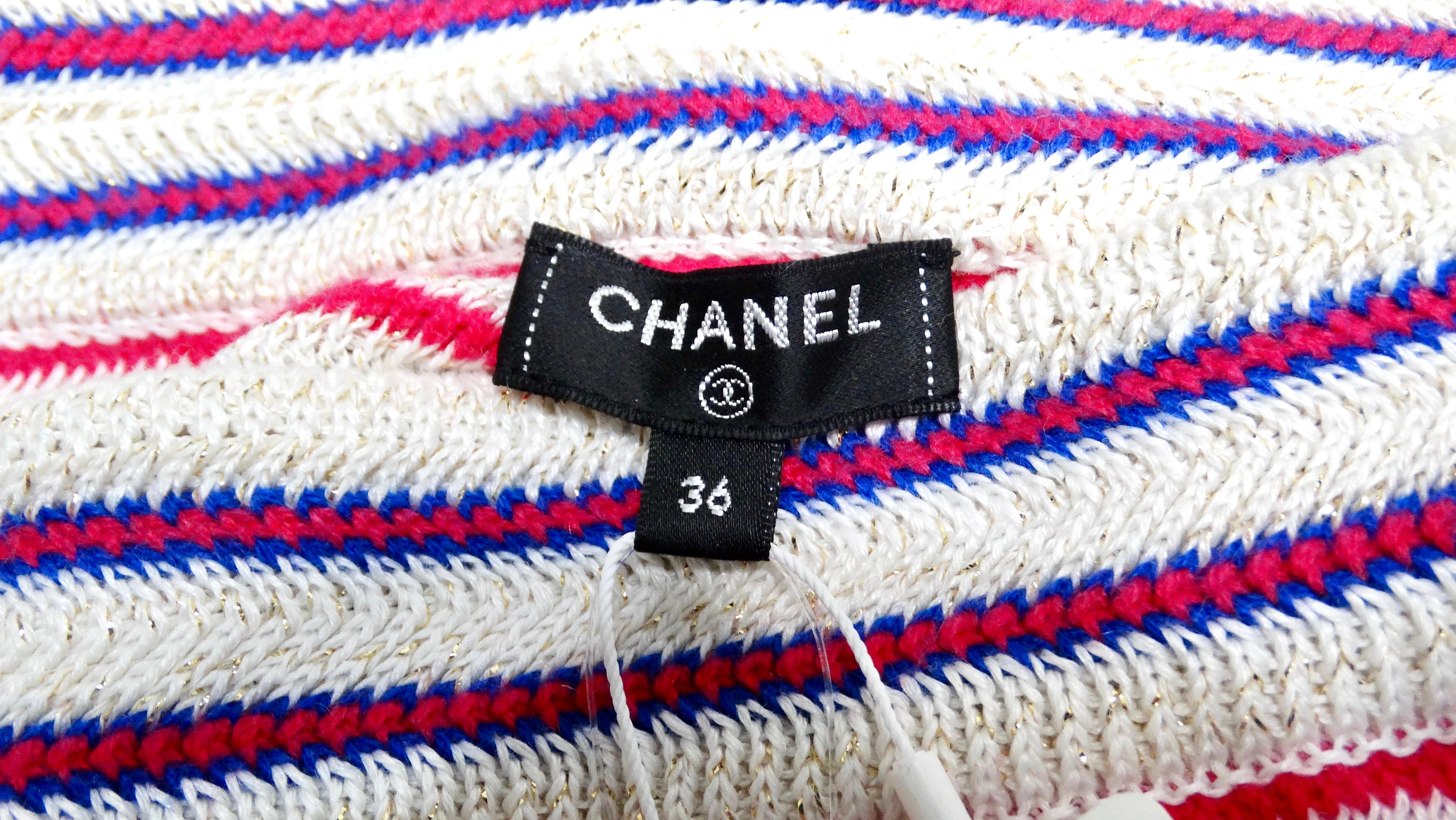 Women's Chanel 2019 La Pausa Striped Knit Mini Skirt With Gold-Tone Buttons For Sale
