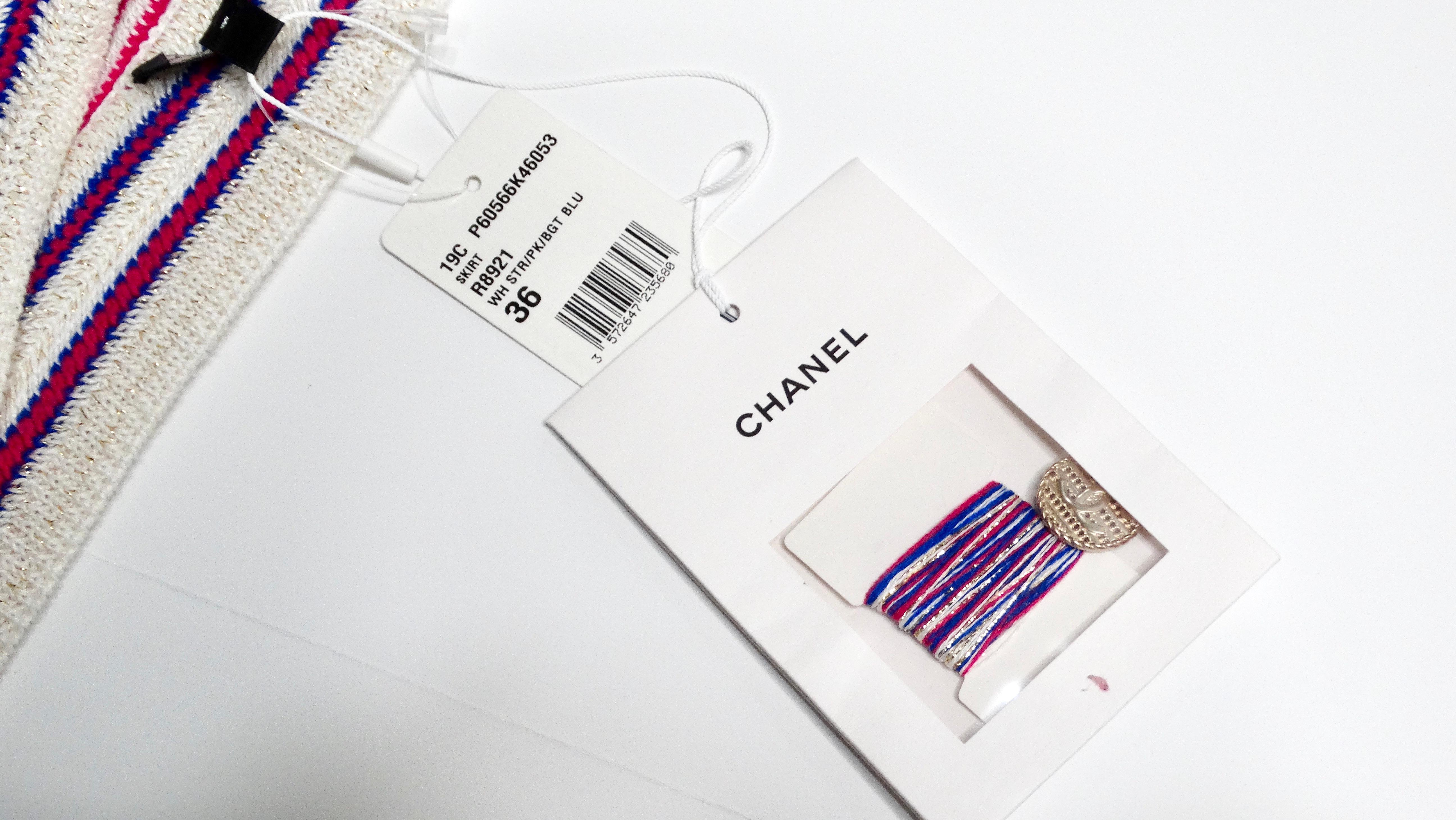 Chanel 2019 La Pausa Striped Knit Mini Skirt With Gold-Tone Buttons For Sale 1