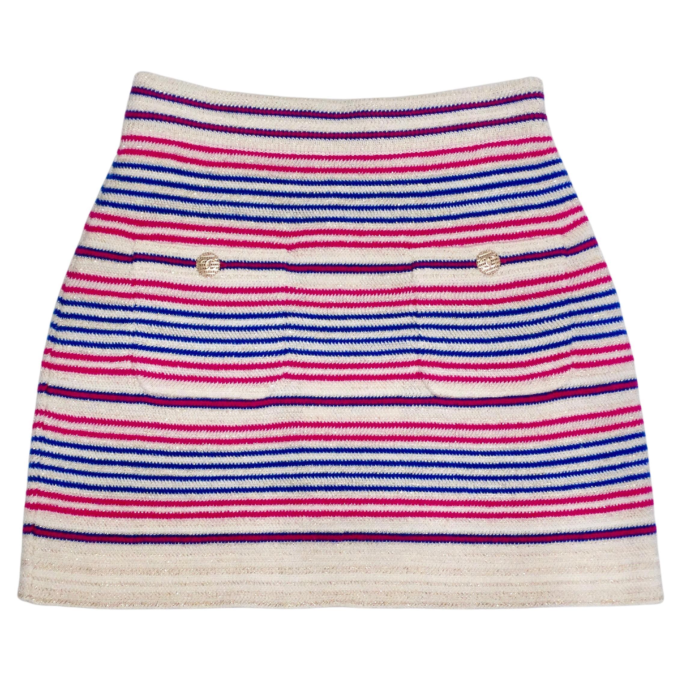 Chanel 2019 La Pausa Striped Knit Mini Skirt With Gold-Tone Buttons For Sale