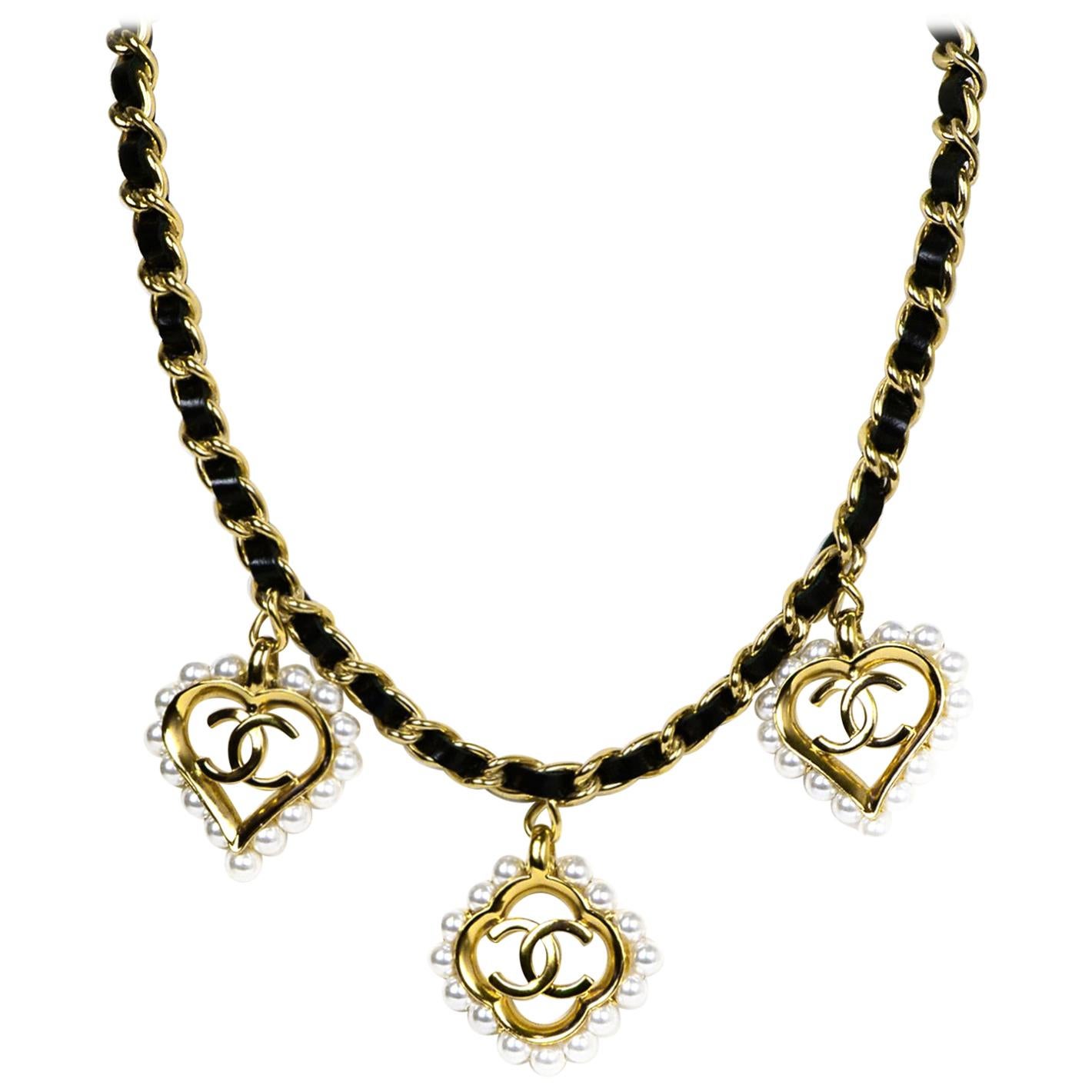 Chanel 2019 Leather Laced Chain Necklace w/ Faux Pearl Heart & Flower CC Charms