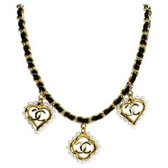 Chanel 2019 Leather Laced Chain Necklace w/ Faux Pearl Heart & Flower CC Charms
