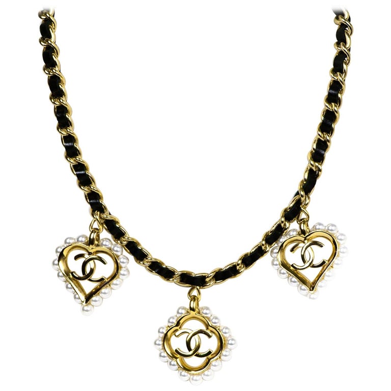 Chanel 2019 Leather Laced Chain Necklace w/ Faux Pearl Heart and Flower CC  Charms