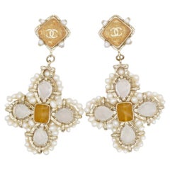 Chanel 2019 Logo CC Coco Moonstone Jelly Belly Water Drop Flower Peals Earrings