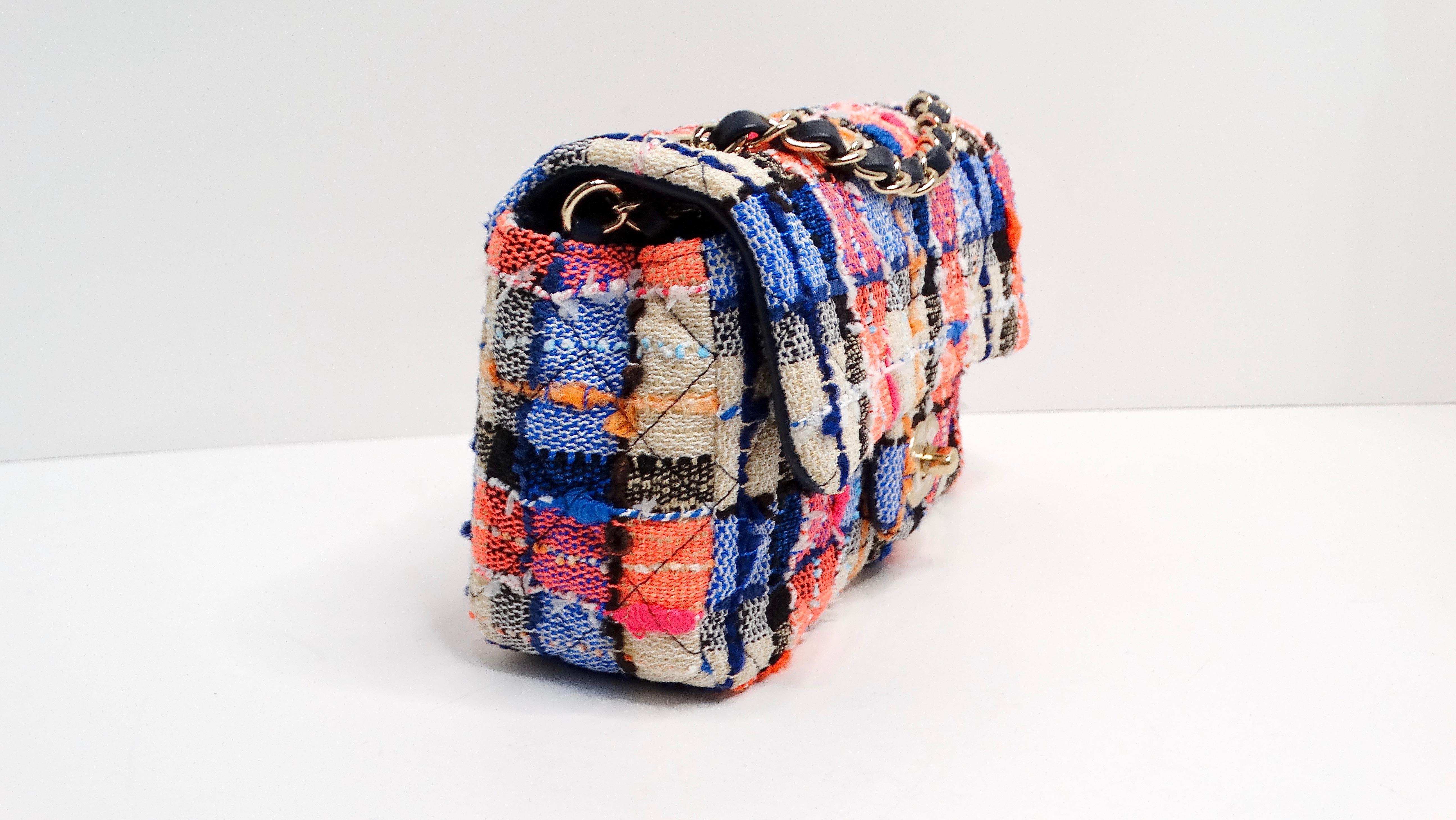 Chanel 2019 Mini Rectangular Tweed Blue Orange Pink Flap Bag In Good Condition For Sale In Scottsdale, AZ