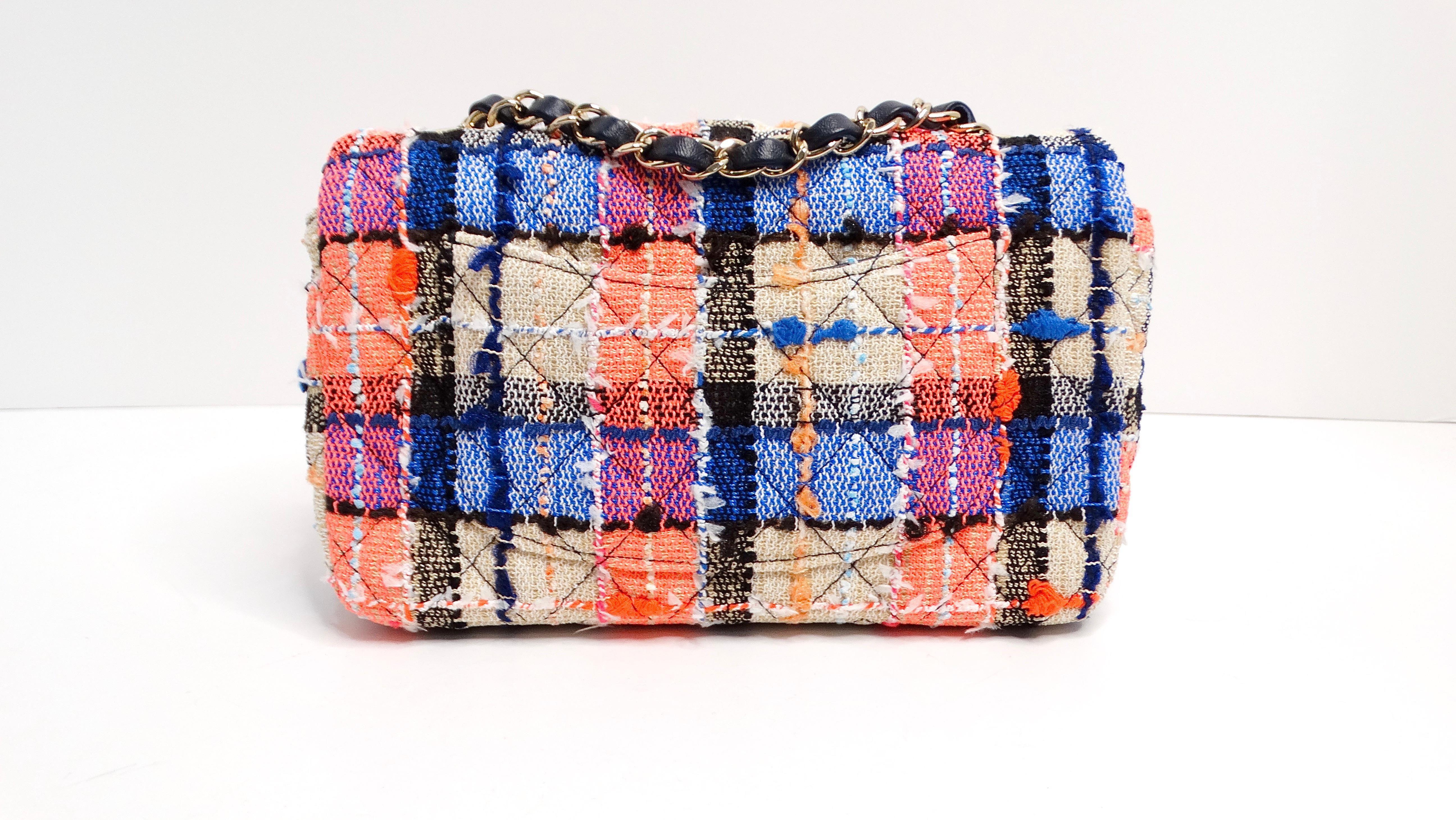 Chanel 2019 Mini Rectangular Tweed Blue Orange Pink Flap Bag For Sale 2