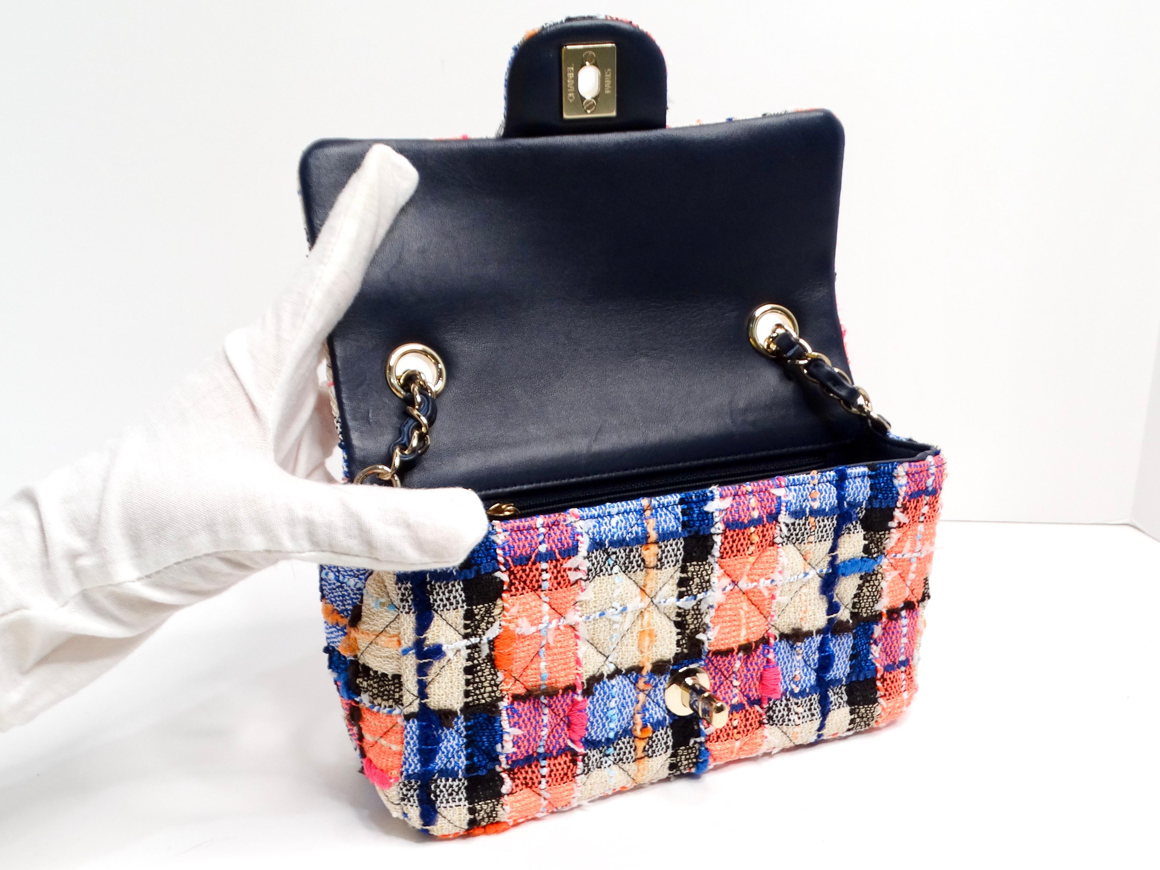 Chanel 2019 Mini Rectangular Tweed Blue Orange Pink Flap Bag For Sale 3