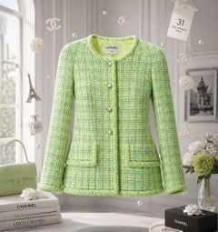 CHANEL 2019 New Ad Campaign Lime Green Tweed Jacket 42 FR