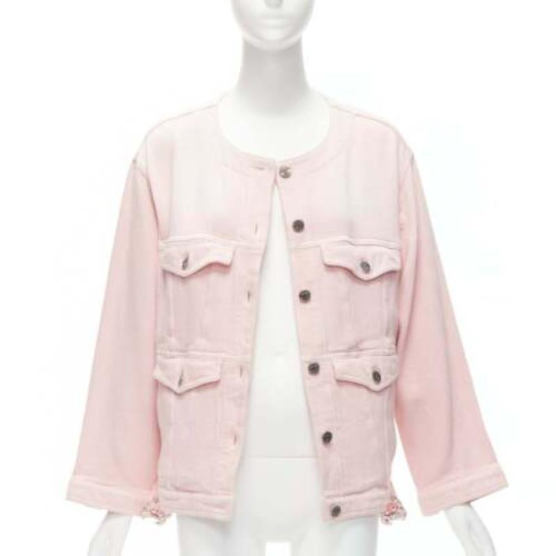 Beige CHANEL 2019 rose, 4 poches, boutons CC sans col, veste surdimensionnée FR34 XS en vente