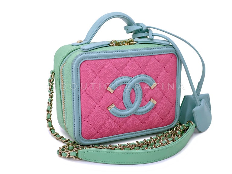 Chanel 2019 Pink/Green/Blue Caviar Filigree Vanity Case Bag 67701
