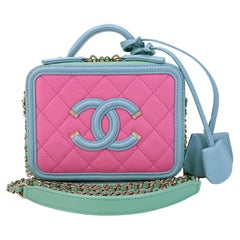 Chanel 2019 Pink/Green/Blue Caviar Filigree Vanity Case Bag 67701