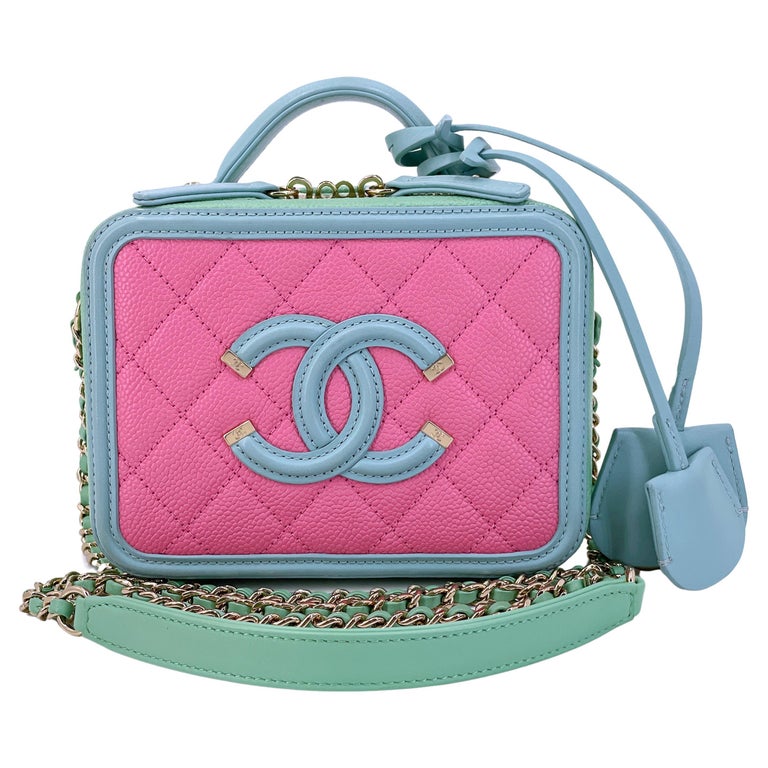 Chanel 2019 Pink/Green/Blue Caviar Filigree Vanity Case Bag 67701 For Sale  at 1stDibs