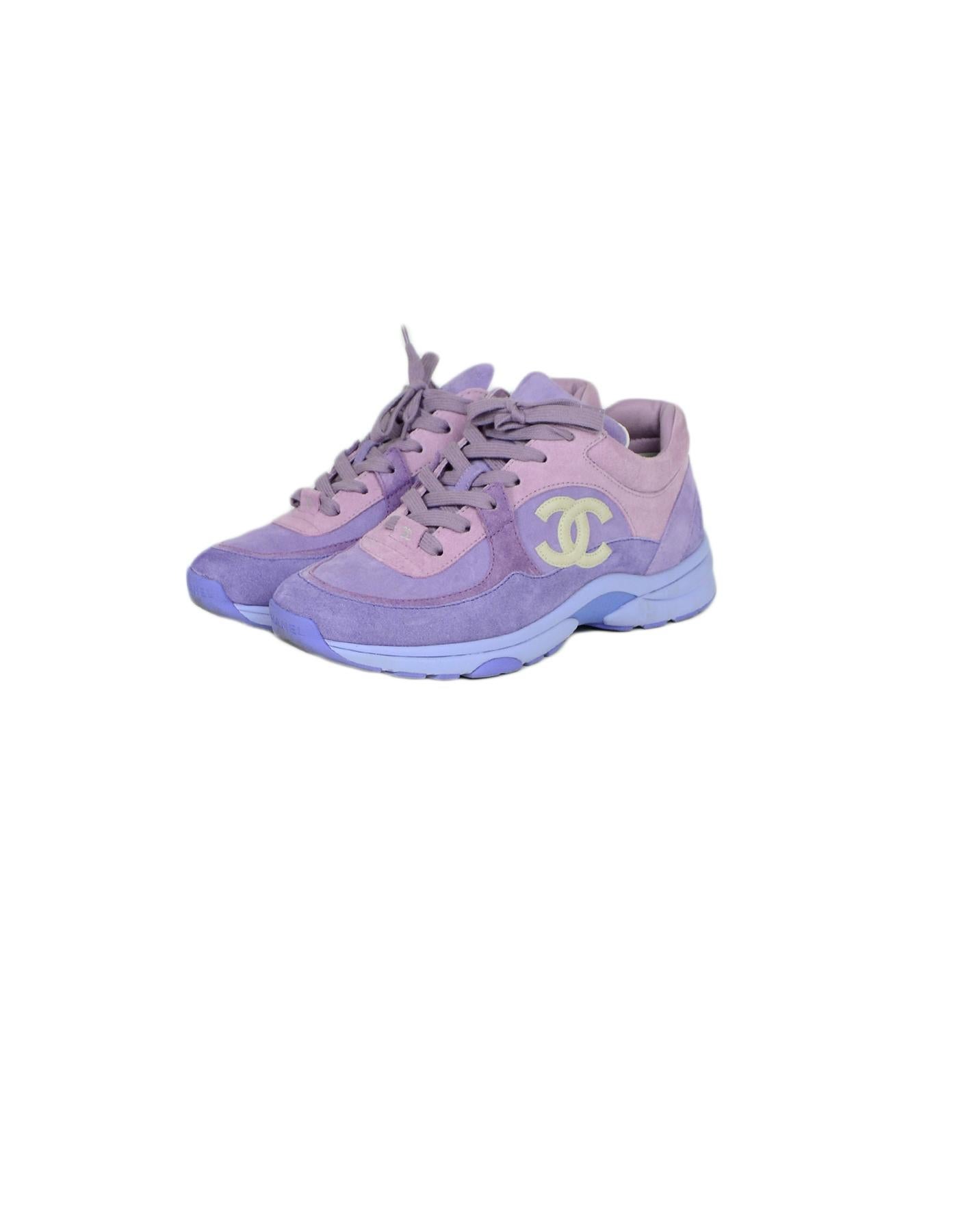 Chanel 2019 Purple Suede Calfskin Leather CC Trainers Sneakers sz 39

Made In: Italy
Year of Production: 2019
Color: Purple
Materials: Suede, calfskin leather
Closure/Opening: Lace-up
Overall Condition: Excellent pre-owned condition, with the