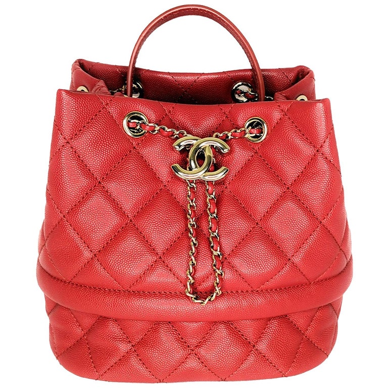Chanel Rolled Up Drawstring Bucket Bag Quilted Caviar Small Red