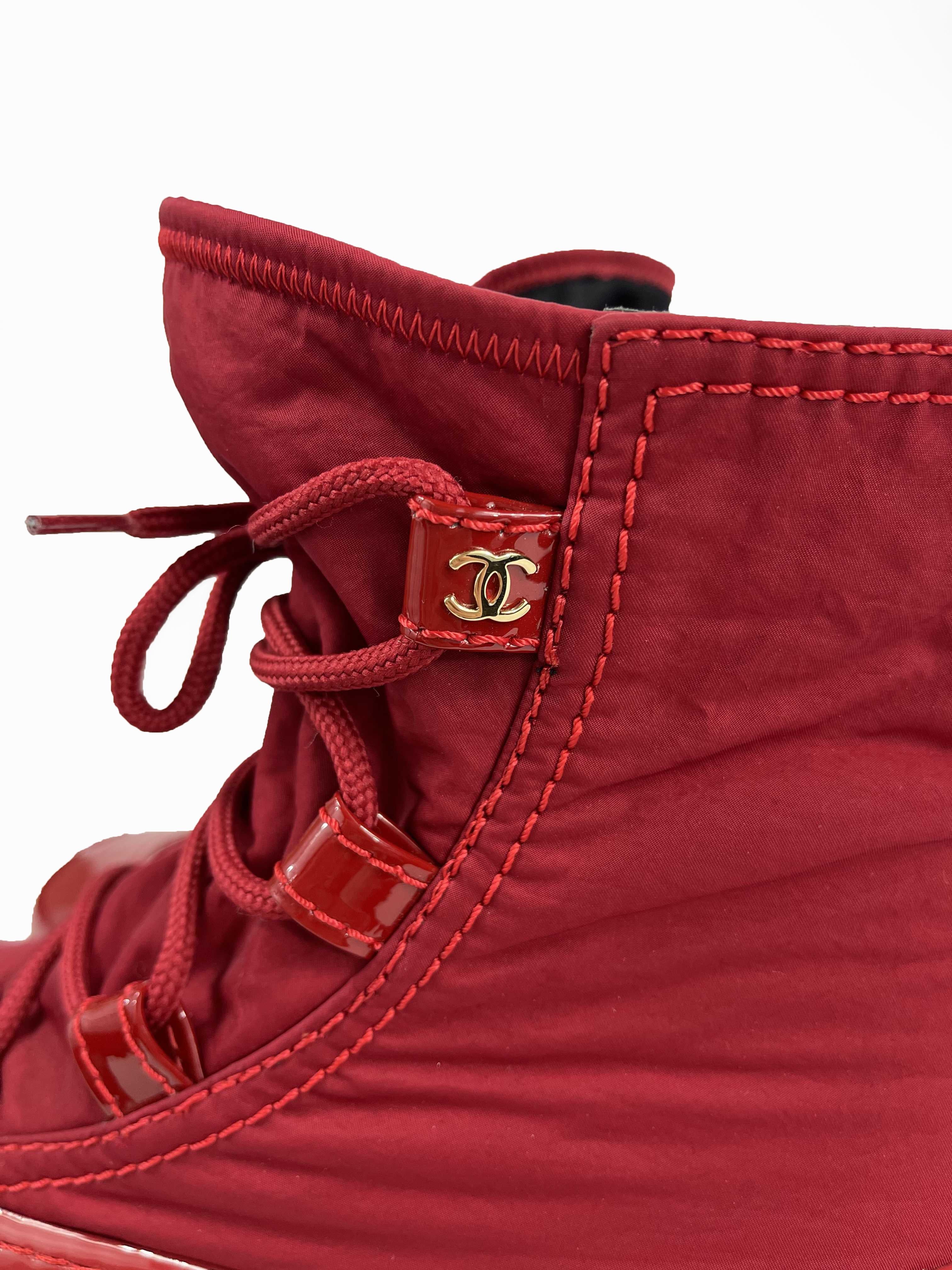 CHANEL 2019 Red Lace-Up Nylon Winter Ankle Boots CC Coco Mark 39 US 9 1