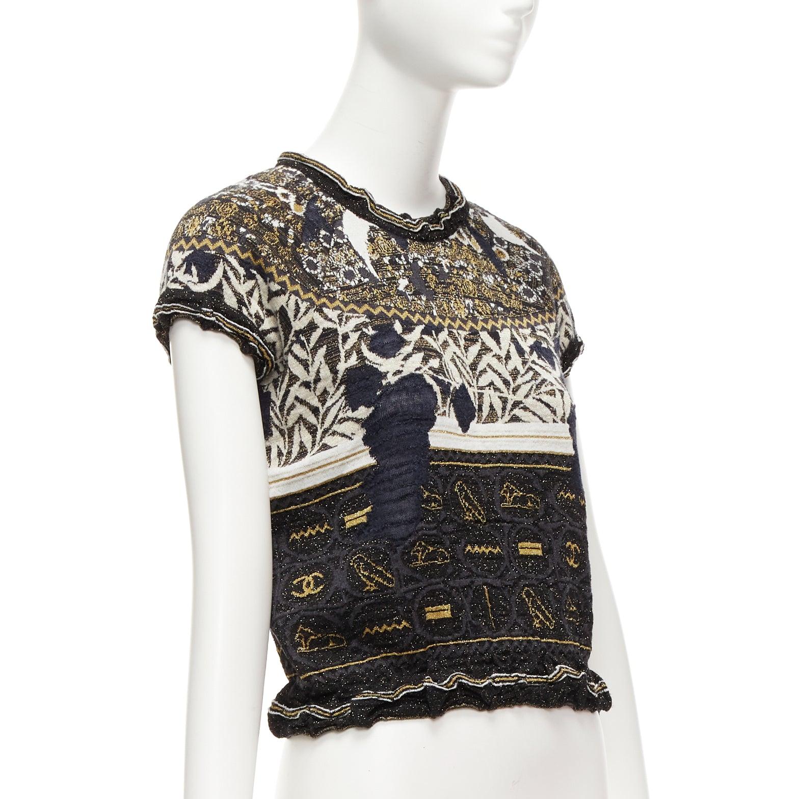 CHANEL 2019 Runway gold Egyptian Hieroglyphics CC logo cap sleeve sweater FR36 S In Excellent Condition For Sale In Hong Kong, NT