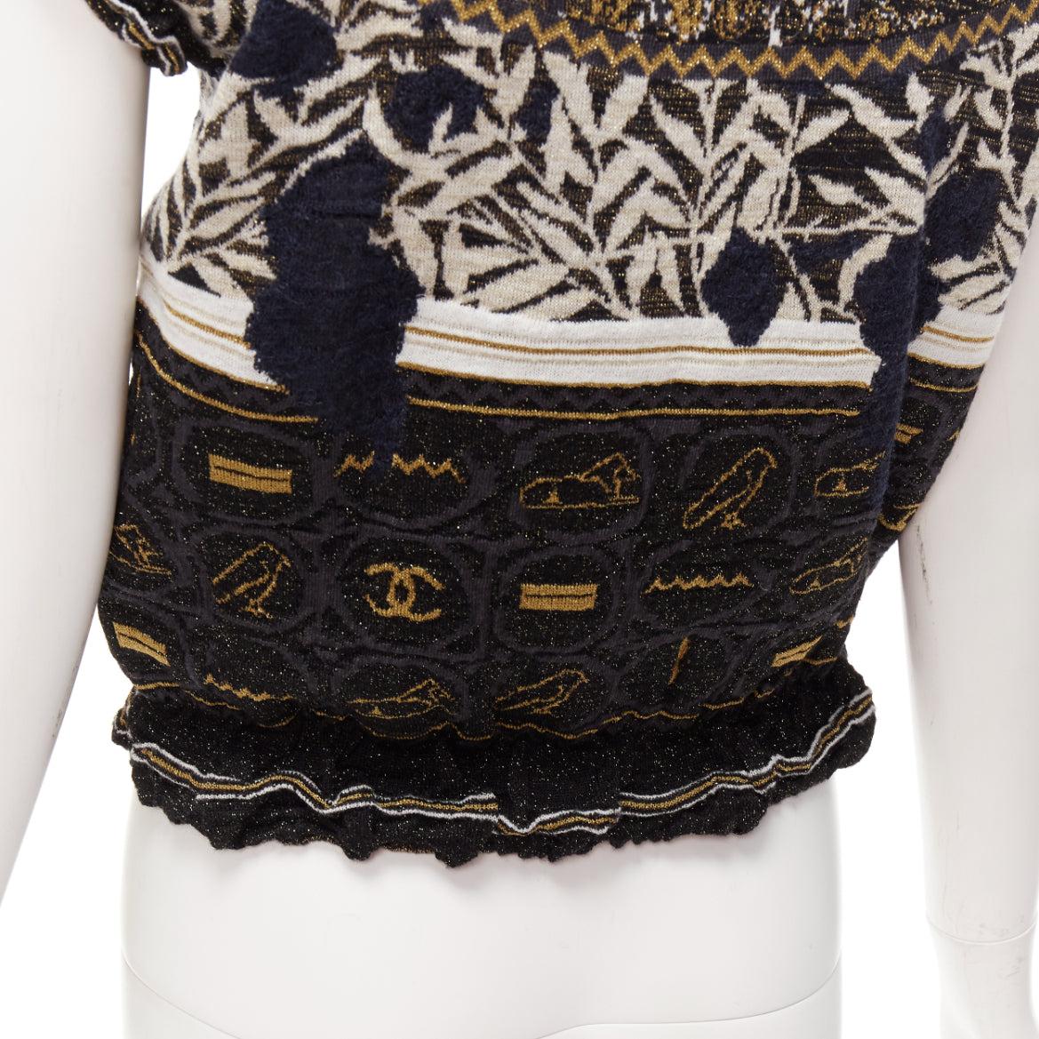 CHANEL 2019 Runway gold Egyptian Hieroglyphics CC logo cap sleeve sweater FR36 S For Sale 3