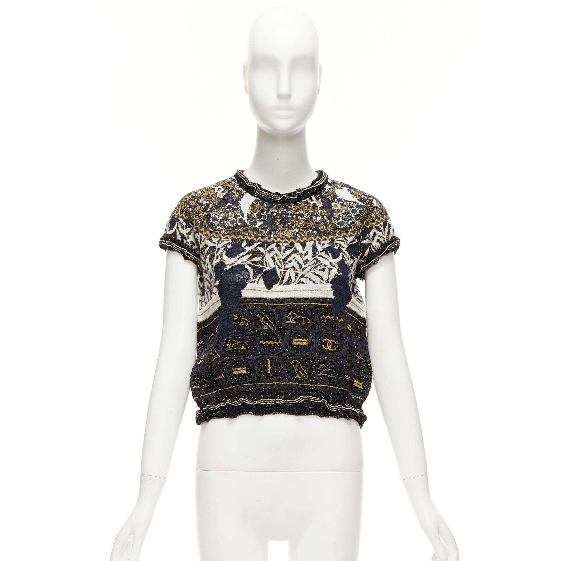 CHANEL 2019 Runway gold Egyptian Hieroglyphics CC logo cap sleeve sweater FR36 S For Sale 5