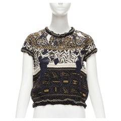 CHANEL 2019 Runway gold Egyptian Hieroglyphics CC logo cap sleeve sweater FR36 S
