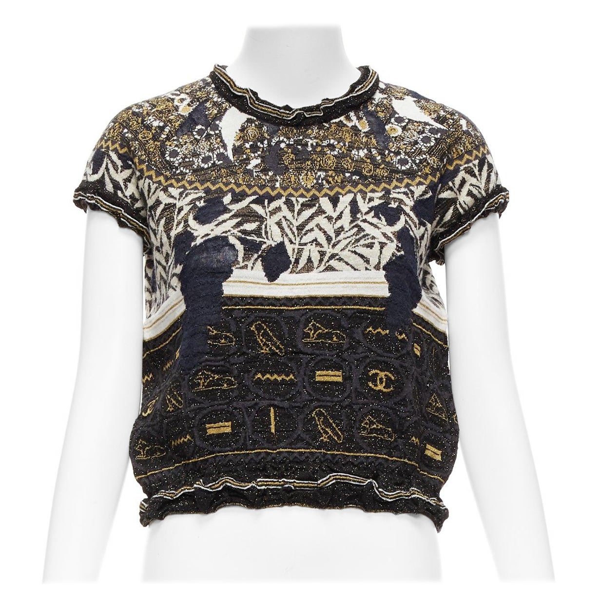 Pull à manches capuche avec logo CC et hiéroglyphiques égyptiens dorés CHANEL 2019 Runway FR36 S
