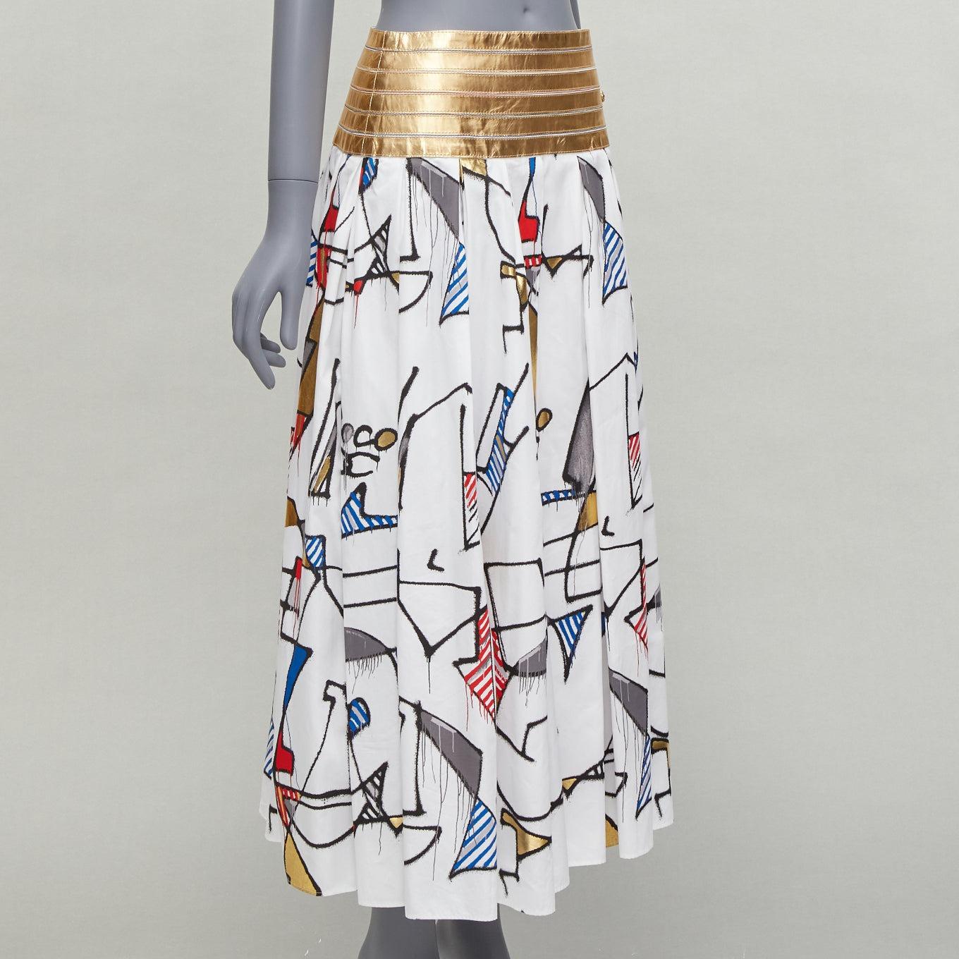 Gray CHANEL 2019 Runway lambskin waistband multicolour abstract print skirt FR38 M For Sale