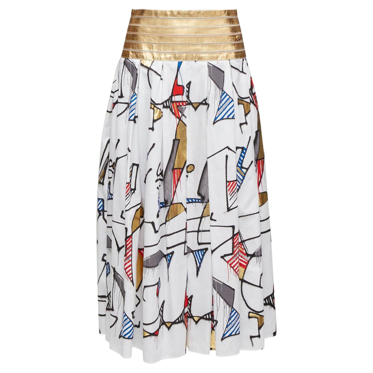 CHANEL 2019 Runway lambskin waistband multicolour abstract print skirt FR38 M
