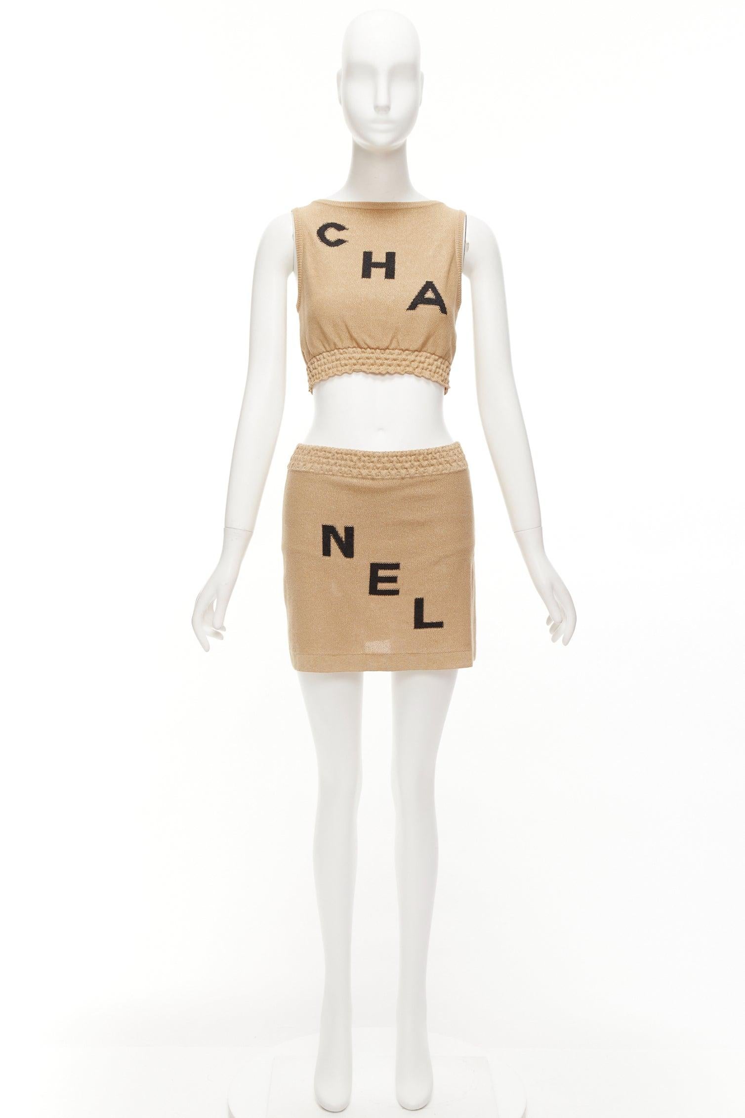 CHANEL 2019 Runway viscose paper LOGO crop top skirt set FR34 XS Kylie Jenner 9