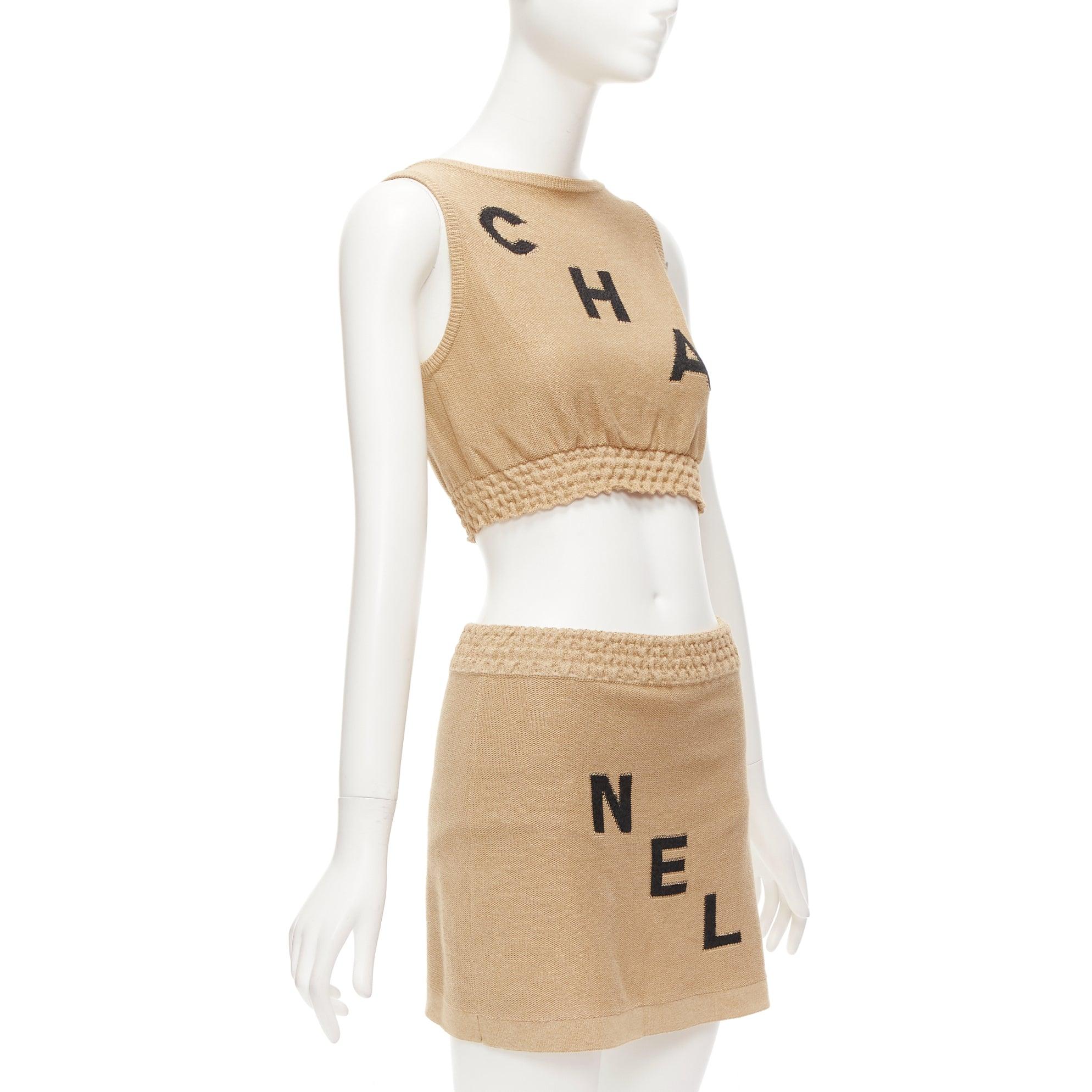 CHANEL 2019 Runway viscose paper LOGO crop top skirt set FR34 XS Kylie Jenner In Excellent Condition In Hong Kong, NT