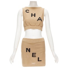 CHANEL 2019 Runway viscose paper LOGO crop top skirt set FR34 XS Kylie Jenner