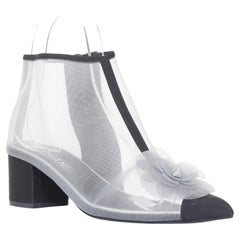 CHANEL 2019 sheer mesh black grosgrain Camelia embellished ankle boots EU38