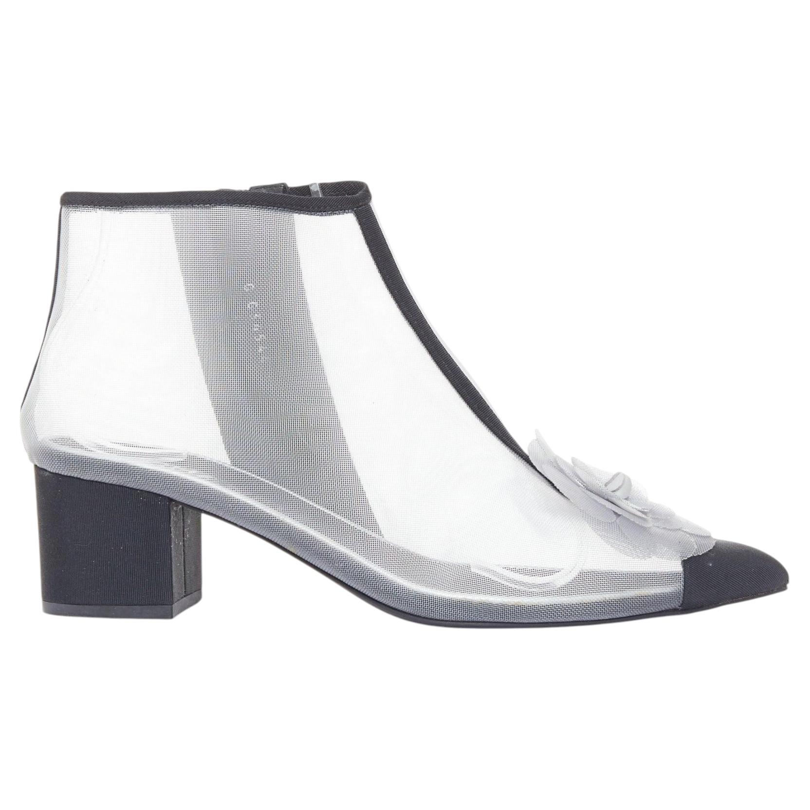Pre-owned Karl Lagerfeld Chanel 2019 Sheer Mesh Black Grosgrain Camelia Embellished Ankle Boots Eu38