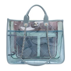 Chanel 2019 Shopping Coco Transparent Clear Quilted Lambskin Blue PVC Tote
