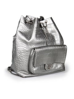 Chanel 2019 Silver Calfskin Croc Embossed Drawstring Backpack