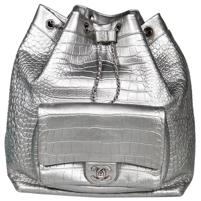 Chanel 2019 Silver Calfskin Croc Embossed Drawstring Backpack