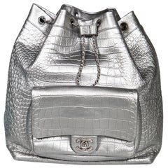 Chanel 2019 Silver Calfskin Croc Embossed Drawstring Backpack