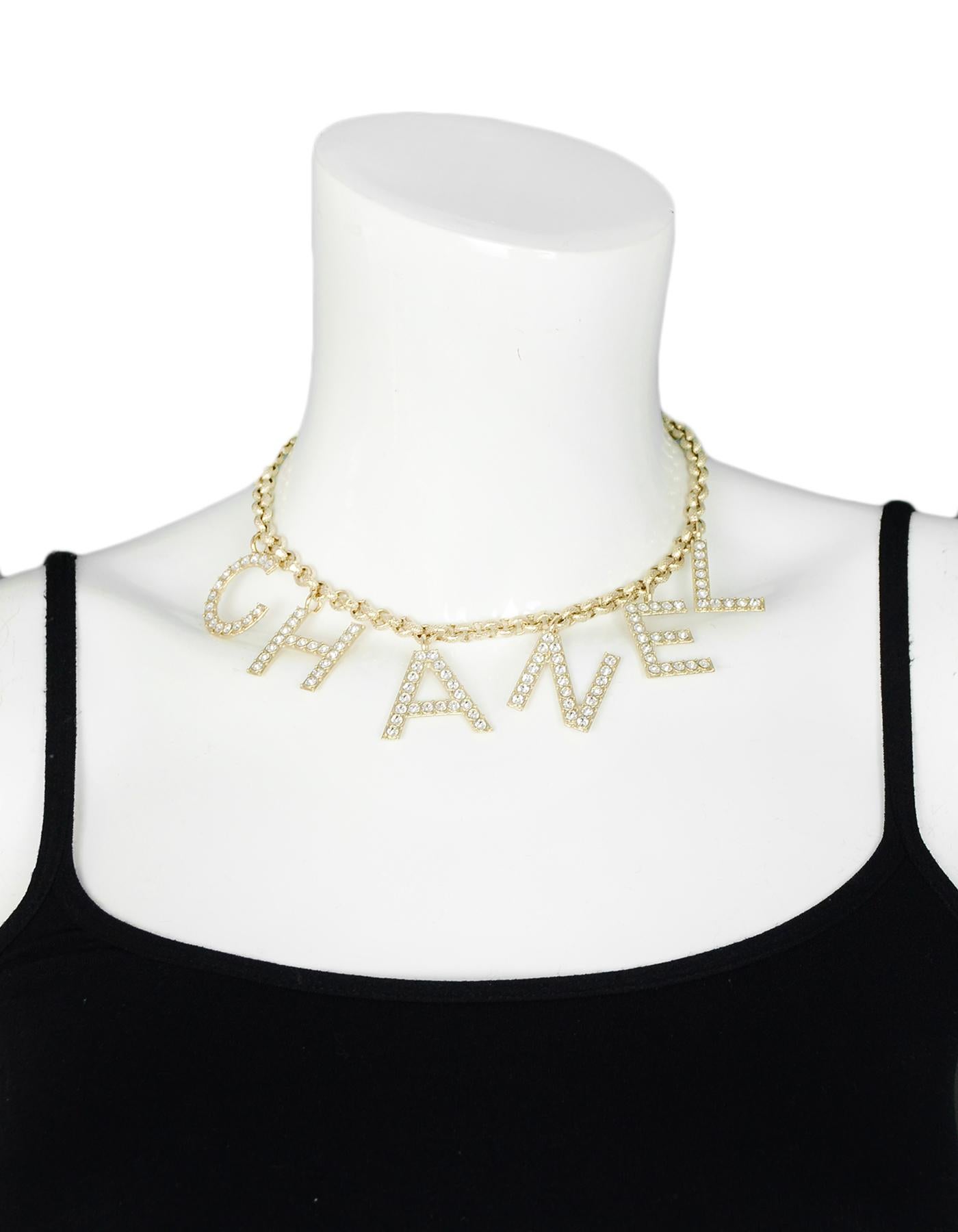 Chanel 2019 Sold Out By The Sea Collection Crystal Name Necklace 
Made In: Italy
Year of Production: 2019
Color: Goldtone
Materials: Metal, crystals
Hallmarks: Chanel B19 CC S Made in Italy
Closure/Opening: Lobster clasp
Overall Condition: Excellent