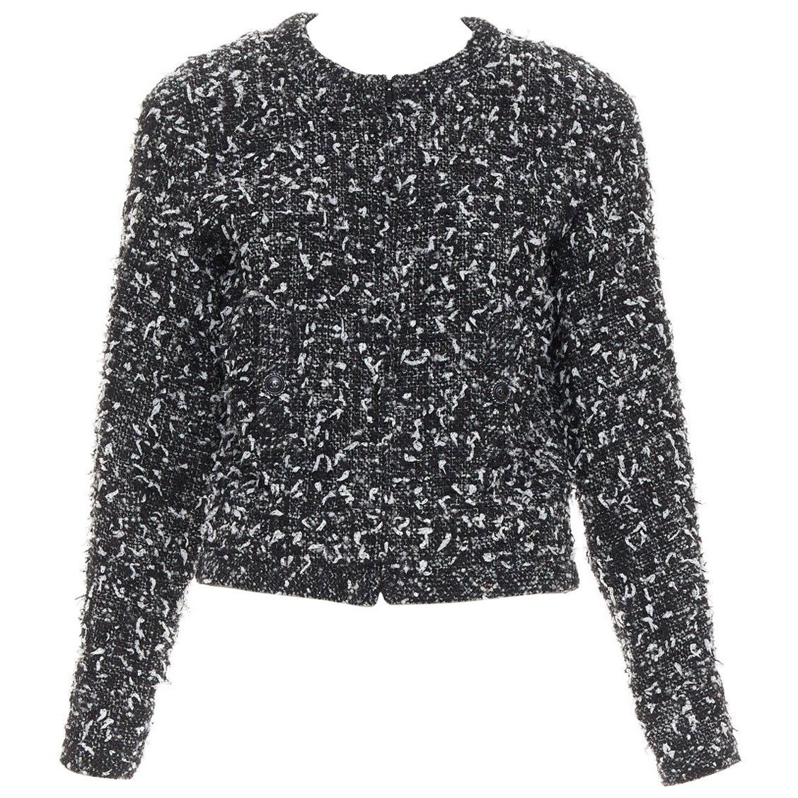 Chanel 2019 speckle black white tweed collarless CC buttons jacket FR34 XS en vente